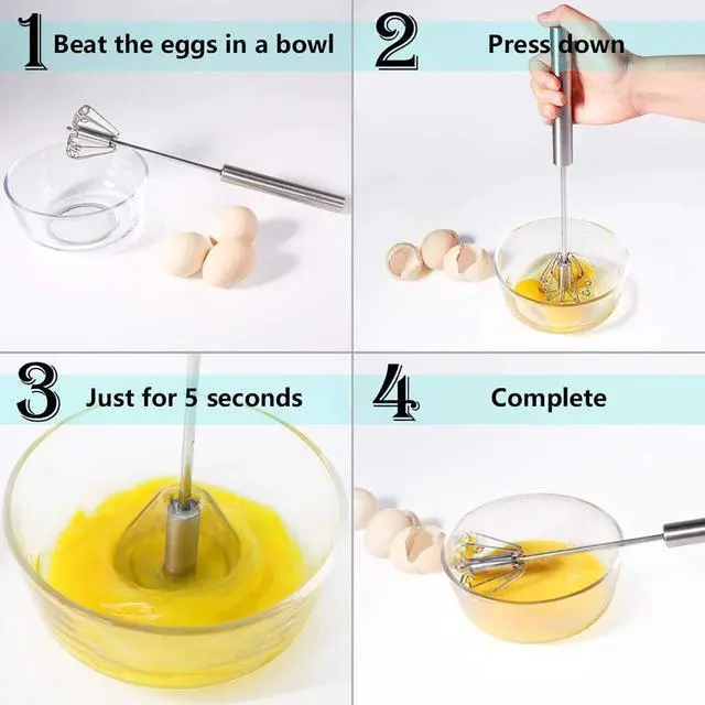 Alt view image 6 of 7 - Stainless Steel Egg Whisk, Hand Push Rotary Whisk Blender | Egg Beater Mixer, Semi-Automatic Rotating, Hand Mixer Blender, Milk Frother, Stirrer for Blending, Whisking, Stirring