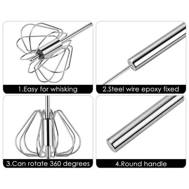 Alt view image 4 of 7 - Upgraded Manual Stainless Steel Hand Whisk Semi-Automatic Egg Beater and Mixing Tool for Effortless Whisking, Scrambling, Stirring, and Blending in Baking and Cooking Tasks (12 in)