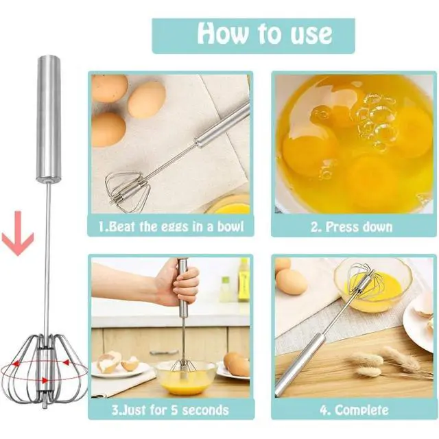 Alt view image 6 of 7 - Upgraded Manual Stainless Steel Hand Whisk Semi-Automatic Egg Beater and Mixing Tool for Effortless Whisking, Scrambling, Stirring, and Blending in Baking and Cooking Tasks (12 in)