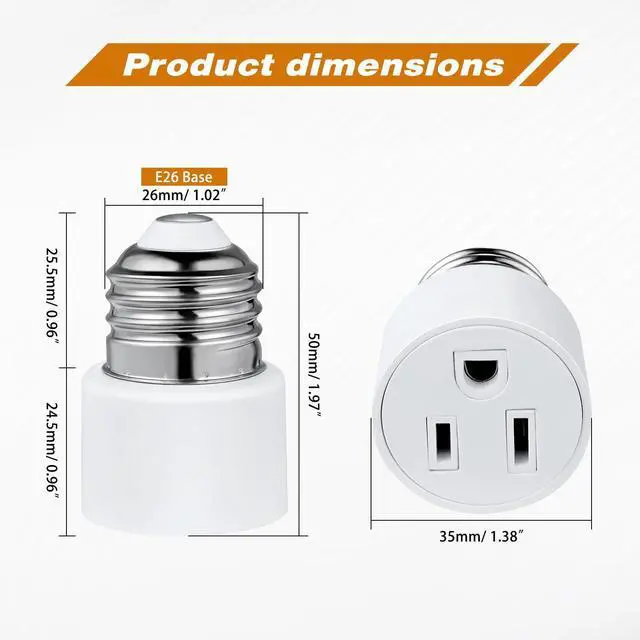 Alt view image 2 of 7 - 3 Prong Light Socket to Outlet Adapter, E26/E27 Screw in Light Bulb to Plug Adapter, Polarized Light Socket Converter for Porch Light, Garage Light, Camera and Light Strings(1,White)