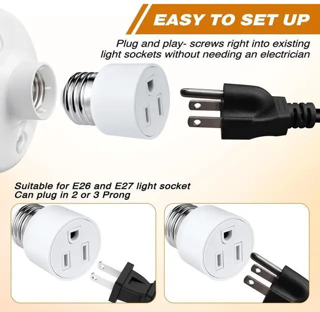 Alt view image 4 of 7 - 3 Prong Light Socket to Outlet Adapter, E26/E27 Screw in Light Bulb to Plug Adapter, Polarized Light Socket Converter for Porch Light, Garage Light, Camera and Light Strings(1,White)