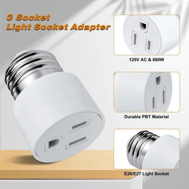 Alt view image 5 of 7 - 3 Prong Light Socket to Outlet Adapter, E26/E27 Screw in Light Bulb to Plug Adapter, Polarized Light Socket Converter for Porch Light, Garage Light, Camera and Light Strings(1,White)