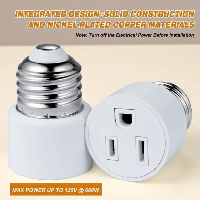 Alt view image 6 of 7 - 3 Prong Light Socket to Outlet Adapter, E26/E27 Screw in Light Bulb to Plug Adapter, Polarized Light Socket Converter for Porch Light, Garage Light, Camera and Light Strings(1,White)
