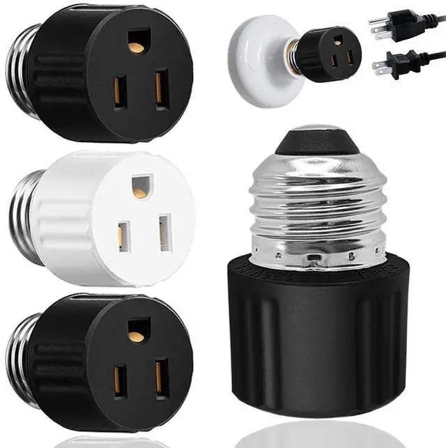 Main image of Light Socket to Plug Adapter, Convert Light Bulb Socket to Outlet Adapter | 2/3 Prong E26 Base Screw in Outlet Socket for Camera Garage Porch,3 Pack (2 Black 1 White)