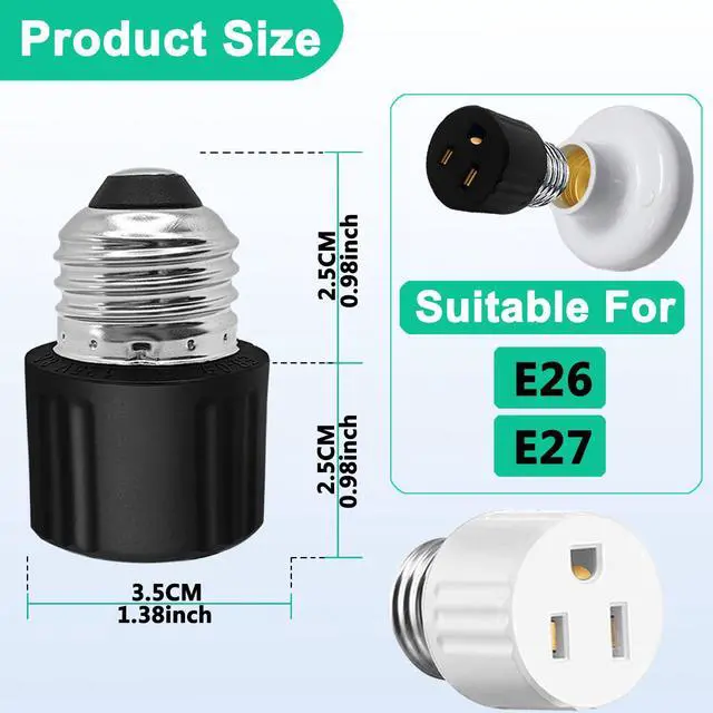Alt view image 3 of 7 - Light Socket to Plug Adapter, Convert Light Bulb Socket to Outlet Adapter | 2/3 Prong E26 Base Screw in Outlet Socket for Camera Garage Porch,3 Pack (2 Black 1 White)