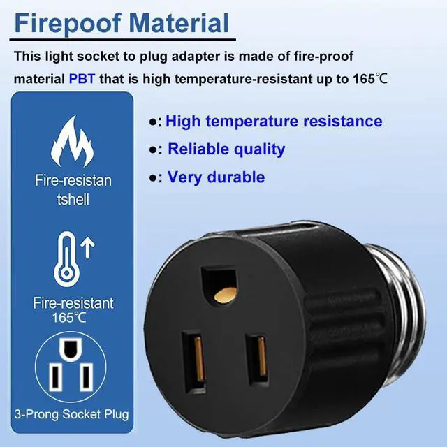 Alt view image 5 of 7 - Light Socket to Plug Adapter, Convert Light Bulb Socket to Outlet Adapter | 2/3 Prong E26 Base Screw in Outlet Socket for Camera Garage Porch,3 Pack (2 Black 1 White)