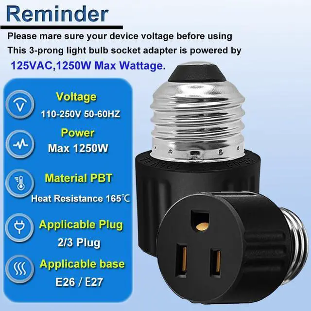 Alt view image 6 of 7 - Light Socket to Plug Adapter, Convert Light Bulb Socket to Outlet Adapter | 2/3 Prong E26 Base Screw in Outlet Socket for Camera Garage Porch,3 Pack (2 Black 1 White)