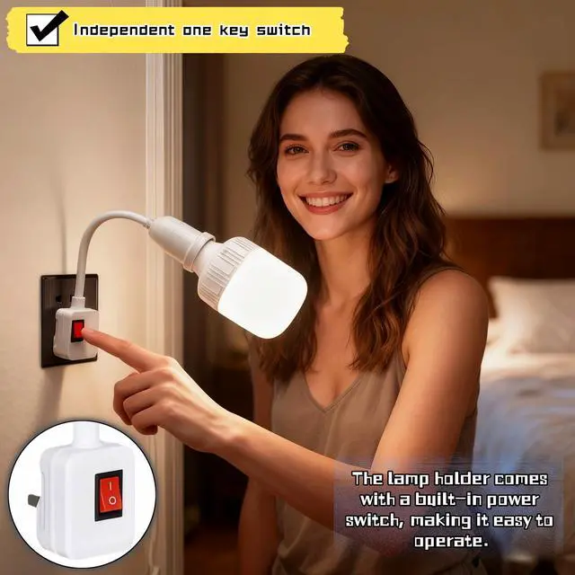 Alt view image 3 of 7 - 2-Pack E26/E27 Socket Extension with On/Off Switch, 360° Fully Flexible Neck Plug-in Light Socket Adapter, No Wiring Needed,Flame Retardant PC,for Bedroom,Night Light,Garage,Closet,and Bulb Camera