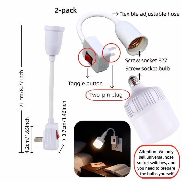 Alt view image 6 of 7 - 2-Pack E26/E27 Socket Extension with On/Off Switch, 360° Fully Flexible Neck Plug-in Light Socket Adapter, No Wiring Needed,Flame Retardant PC,for Bedroom,Night Light,Garage,Closet,and Bulb Camera
