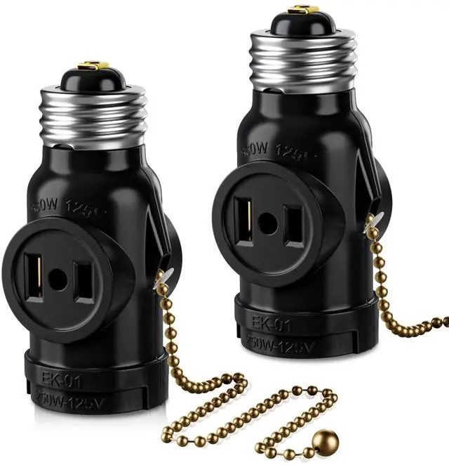Main image of UL Listed E26 to 2 Outlet Adapter, Pull Chain Short, Black, 2-Pack | Pull Chain Light Socket, 2 Polarized Outlet Bulb Splitter, Pull Chain Switch Control, Convert E26 Socket to 2-Prong Outlets