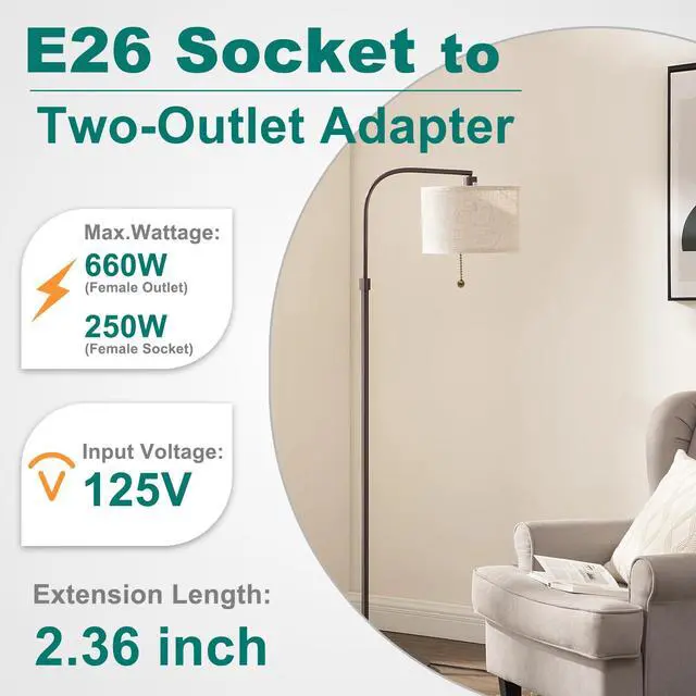 Alt view image 2 of 7 - UL Listed E26 to 2 Outlet Adapter, Pull Chain Short, Black, 2-Pack | Pull Chain Light Socket, 2 Polarized Outlet Bulb Splitter, Pull Chain Switch Control, Convert E26 Socket to 2-Prong Outlets