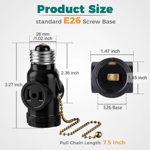 Alt view image 3 of 7 - UL Listed E26 to 2 Outlet Adapter, Pull Chain Short, Black, 2-Pack | Pull Chain Light Socket, 2 Polarized Outlet Bulb Splitter, Pull Chain Switch Control, Convert E26 Socket to 2-Prong Outlets