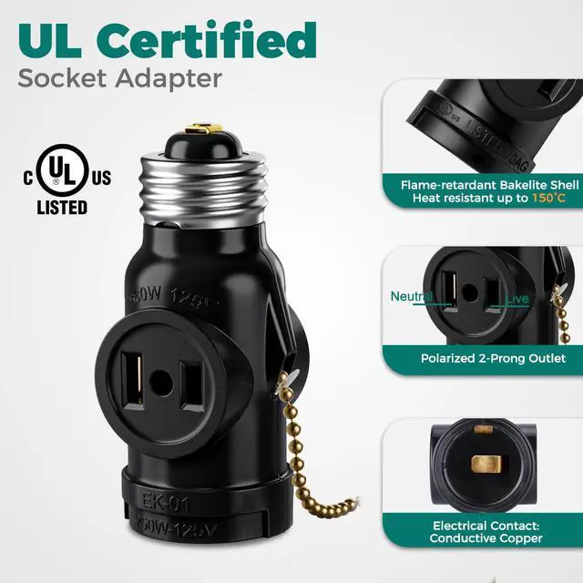 Alt view image 4 of 7 - UL Listed E26 to 2 Outlet Adapter, Pull Chain Short, Black, 2-Pack | Pull Chain Light Socket, 2 Polarized Outlet Bulb Splitter, Pull Chain Switch Control, Convert E26 Socket to 2-Prong Outlets