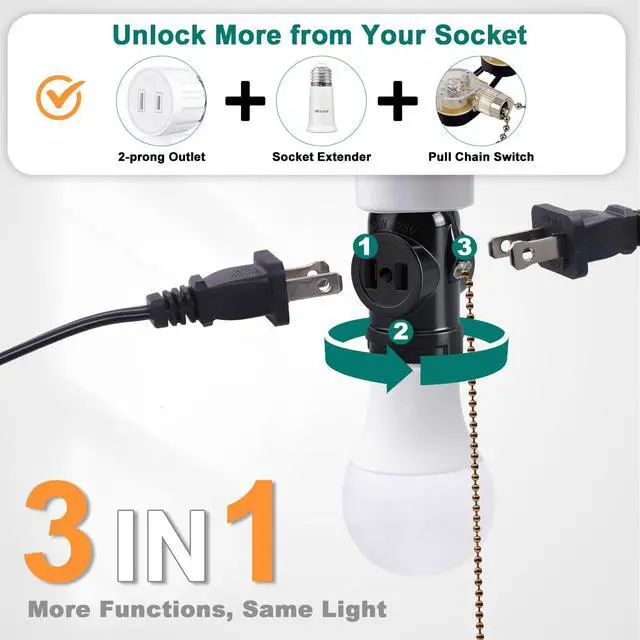 Alt view image 5 of 7 - UL Listed E26 to 2 Outlet Adapter, Pull Chain Short, Black, 2-Pack | Pull Chain Light Socket, 2 Polarized Outlet Bulb Splitter, Pull Chain Switch Control, Convert E26 Socket to 2-Prong Outlets