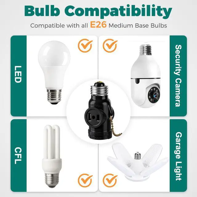 Alt view image 7 of 7 - UL Listed E26 to 2 Outlet Adapter, Pull Chain Short, Black, 2-Pack | Pull Chain Light Socket, 2 Polarized Outlet Bulb Splitter, Pull Chain Switch Control, Convert E26 Socket to 2-Prong Outlets