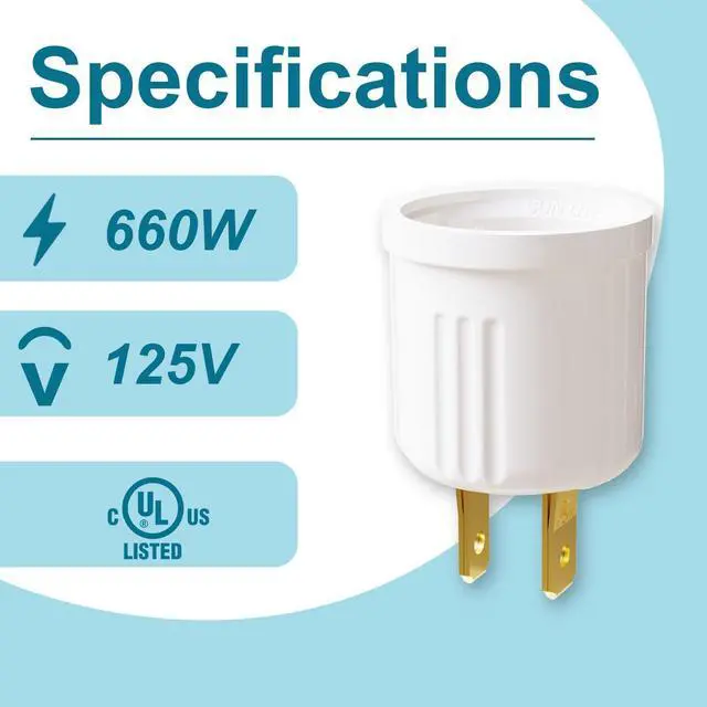Alt view image 2 of 7 - Outlet to Socket Adapter, Convert Outlet to E26 Light Bulb Socket, Plug-in Light Socket, 2 Pack