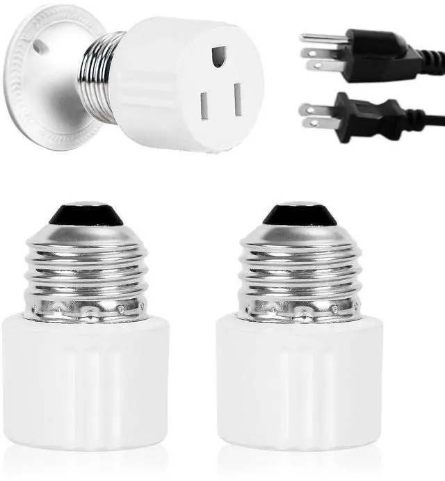 Main image of 3-Prong Light Socket to Plug Adapter,E26/E27 Light Socket Outlet,2/3 Prong Outlet Socket Splitter Converter for Garage Porch White 2pack