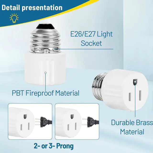 Alt view image 4 of 7 - 3-Prong Light Socket to Plug Adapter,E26/E27 Light Socket Outlet,2/3 Prong Outlet Socket Splitter Converter for Garage Porch White 2pack