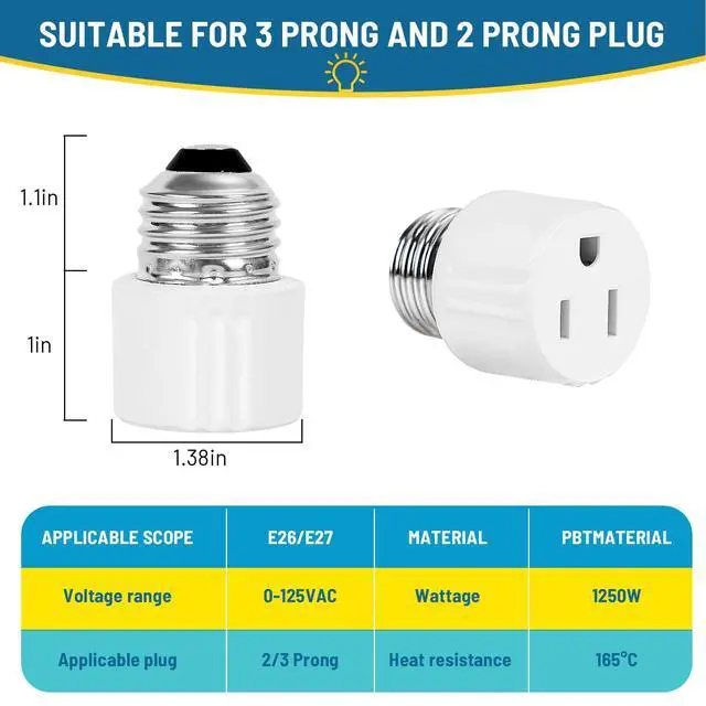 Alt view image 2 of 7 - 3-Prong Light Socket to Plug Adapter,E26/E27 Light Socket Outlet,2/3 Prong Outlet Socket Splitter Converter for Garage Porch White 2pack