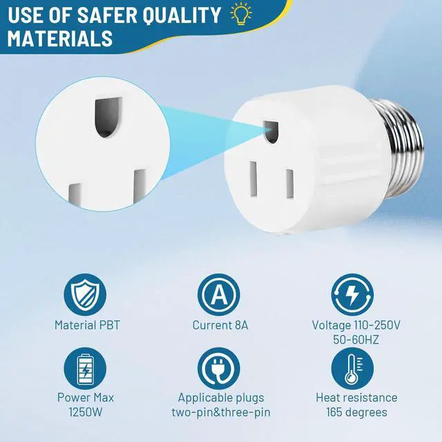 Alt view image 3 of 7 - 3-Prong Light Socket to Plug Adapter,E26/E27 Light Socket Outlet,2/3 Prong Outlet Socket Splitter Converter for Garage Porch White 2pack
