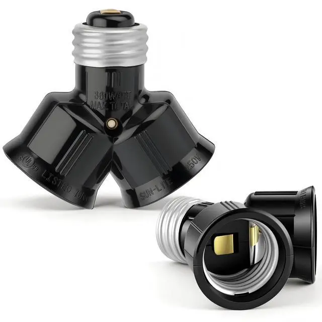 Main image of Double Light Socket Adapter E26 Screw Dual Light Bulb Outlet | 2 Pack Black Dual Light Bulb Outlet Adapter for LED Bulb & Socket Adapter & Bulb Camera, Maximum 660W 250V, UL Listed