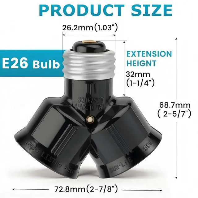 Alt view image 2 of 7 - Double Light Socket Adapter E26 Screw Dual Light Bulb Outlet | 2 Pack Black Dual Light Bulb Outlet Adapter for LED Bulb & Socket Adapter & Bulb Camera, Maximum 660W 250V, UL Listed