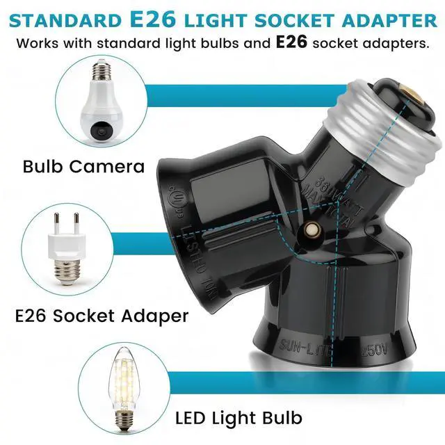Alt view image 3 of 7 - Double Light Socket Adapter E26 Screw Dual Light Bulb Outlet | 2 Pack Black Dual Light Bulb Outlet Adapter for LED Bulb & Socket Adapter & Bulb Camera, Maximum 660W 250V, UL Listed