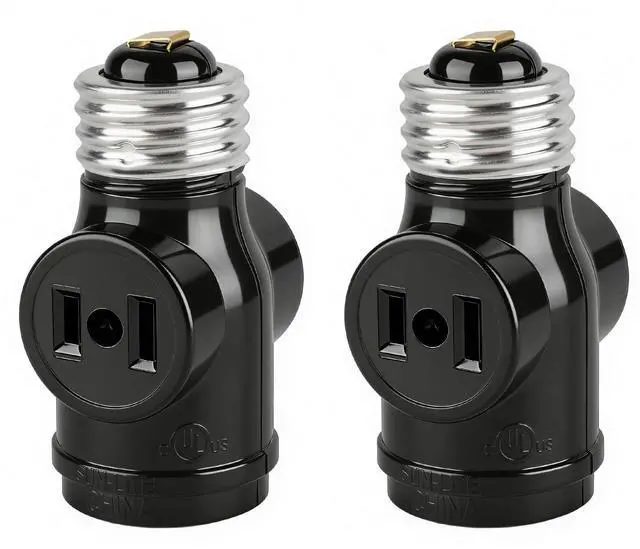Main image of 2 Outlet Light Socket Adapter, E26 Bulb Socket to Outlet Splitter | Converts Medium Screw Socket into a Socket with 2 outlets, Maximum 660W 250V, UL Listed, Black