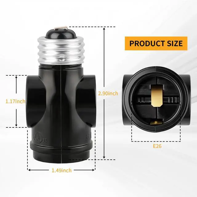 Alt view image 2 of 7 - 2 Outlet Light Socket Adapter, E26 Bulb Socket to Outlet Splitter | Converts Medium Screw Socket into a Socket with 2 outlets, Maximum 660W 250V, UL Listed, Black