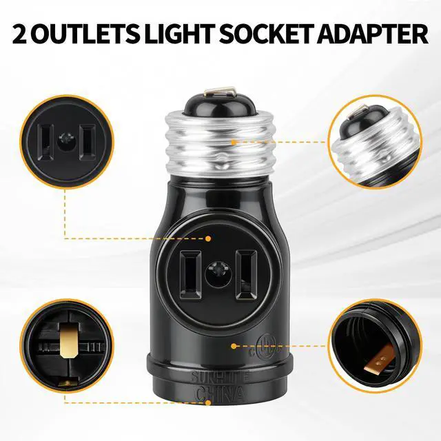 Alt view image 3 of 7 - 2 Outlet Light Socket Adapter, E26 Bulb Socket to Outlet Splitter | Converts Medium Screw Socket into a Socket with 2 outlets, Maximum 660W 250V, UL Listed, Black