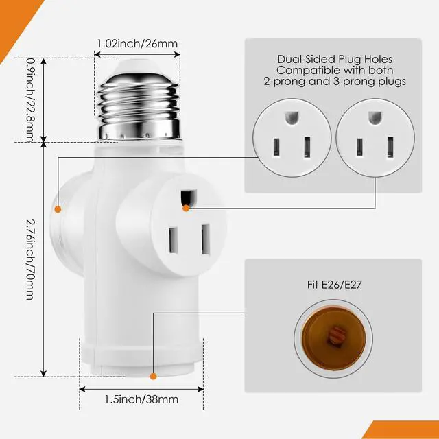 Alt view image 3 of 7 - Light Socket Outlet Adapter, E26 to Plug Converter with Flame Retardant PBT, Multi-Functional Polarized Splitter for Indoor & Outdoor Use (White, 1)