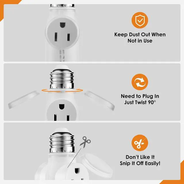 Alt view image 4 of 7 - Light Socket Outlet Adapter, E26 to Plug Converter with Flame Retardant PBT, Multi-Functional Polarized Splitter for Indoor & Outdoor Use (White, 1)