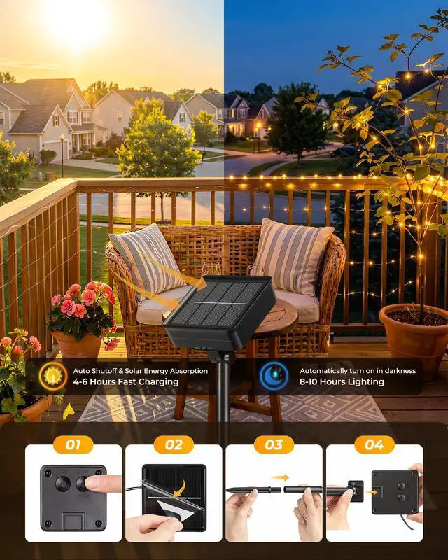 Alt view image 2 of 7 - Solar Fairy Lights,33Ft 100 LED String Lights Outdoor with 8 Modes | IP65 Waterproof Twinkle Lights Outdoor & Indoor, Patio Lights for Tree Garden Christmas Party Wedding Decor Warm White