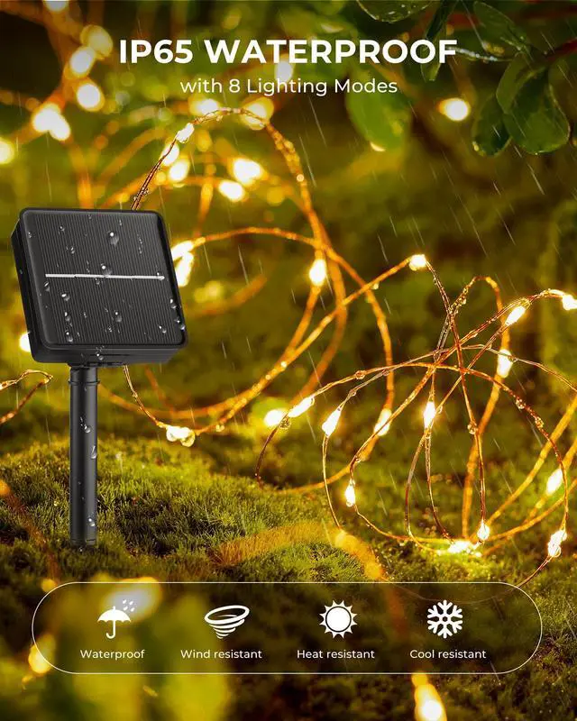Alt view image 4 of 7 - Solar Fairy Lights,33Ft 100 LED String Lights Outdoor with 8 Modes | IP65 Waterproof Twinkle Lights Outdoor & Indoor, Patio Lights for Tree Garden Christmas Party Wedding Decor Warm White