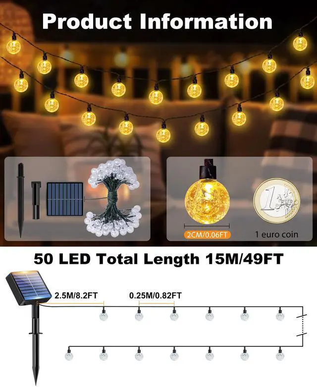 Alt view image 2 of 7 - 1 Pack Solar String Lights Outdoor, Total 49FT 50 LED Crystal Globe | IP65 Waterproof Solar Powered Patio Lights, 8 Lighting Modes for Garden Balcony Yard Porch Party Christmas Decor, Warm White
