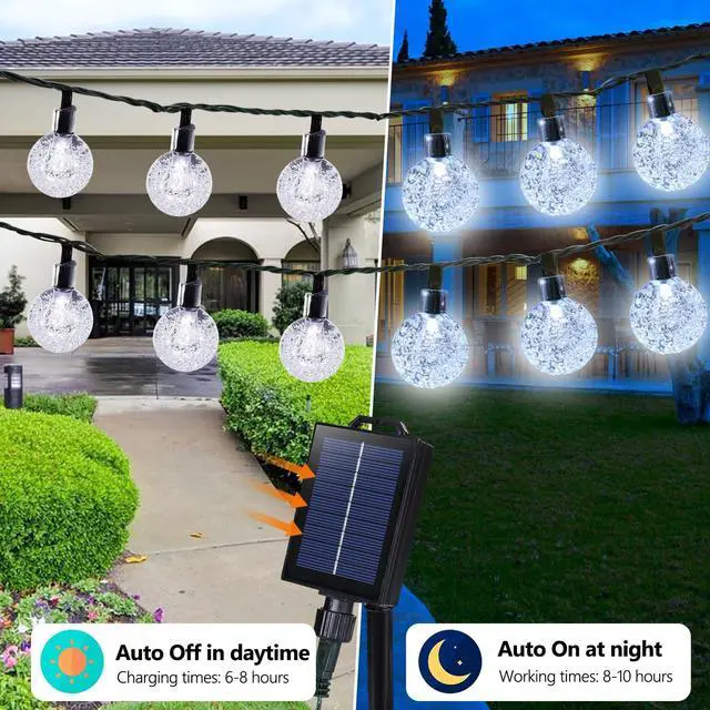 Alt view image 2 of 7 - White Solar String Lights,39FT 60LED Crystal Ball Fairy Lights | 8 Modes Waterproof Outdoor Solar Powered Patio Light for Spring Summer Garden Lawn Gazebo Porch Backyard Tree Decorations