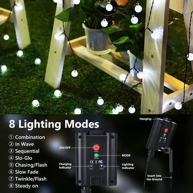 Alt view image 3 of 7 - White Solar String Lights,39FT 60LED Crystal Ball Fairy Lights | 8 Modes Waterproof Outdoor Solar Powered Patio Light for Spring Summer Garden Lawn Gazebo Porch Backyard Tree Decorations