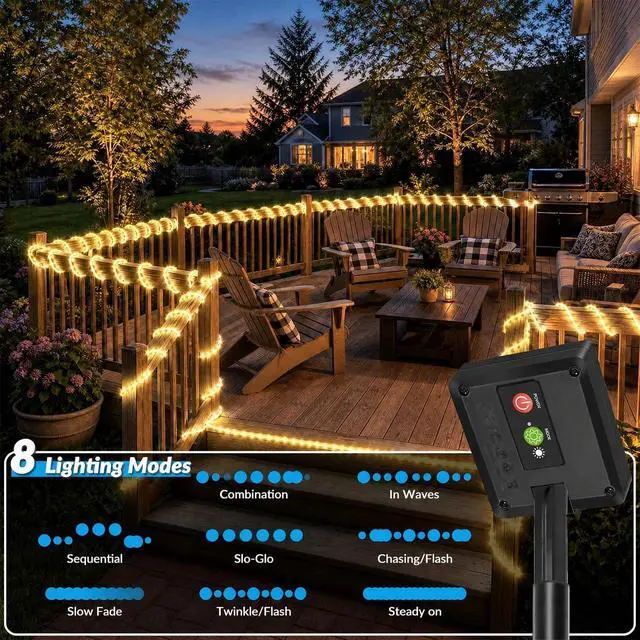 Alt view image 2 of 7 - 26FT 60LED Solar Rope Lights Outdoor Waterproof, Warm White | Solar Fairy Lights with 8 Modes & Memory, 3000K, for Patio, Garden, Tree, Fence, Deck, Porch, Yard & Holiday Decor
