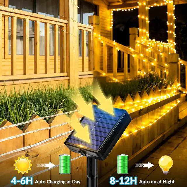 Alt view image 3 of 7 - 26FT 60LED Solar Rope Lights Outdoor Waterproof, Warm White | Solar Fairy Lights with 8 Modes & Memory, 3000K, for Patio, Garden, Tree, Fence, Deck, Porch, Yard & Holiday Decor