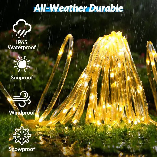 Alt view image 4 of 7 - 26FT 60LED Solar Rope Lights Outdoor Waterproof, Warm White | Solar Fairy Lights with 8 Modes & Memory, 3000K, for Patio, Garden, Tree, Fence, Deck, Porch, Yard & Holiday Decor