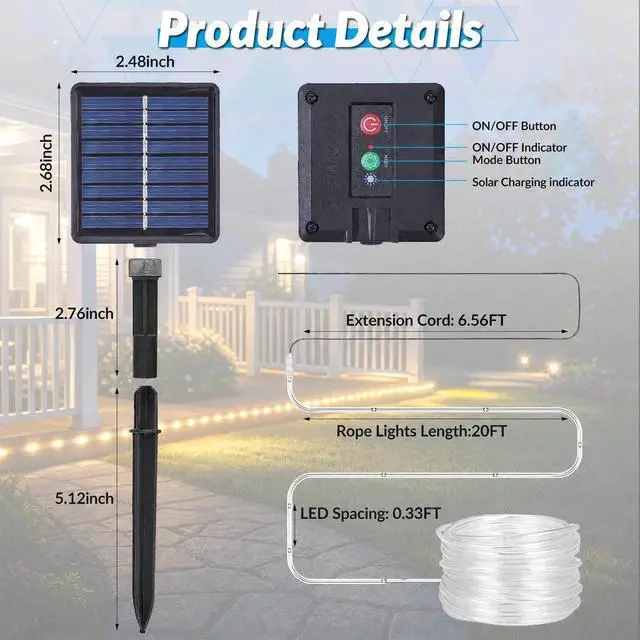 Alt view image 5 of 7 - 26FT 60LED Solar Rope Lights Outdoor Waterproof, Warm White | Solar Fairy Lights with 8 Modes & Memory, 3000K, for Patio, Garden, Tree, Fence, Deck, Porch, Yard & Holiday Decor