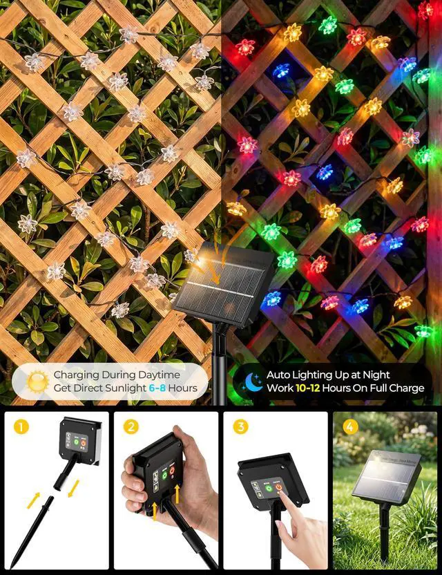Alt view image 4 of 7 - 50 LED Flower Solar String Lights Outdoor Waterproof, Multicolor | Solar Powered Fairy Lights with 8 Modes for Garden Fence Yard Patio Christmas Tree Party Wedding Decor