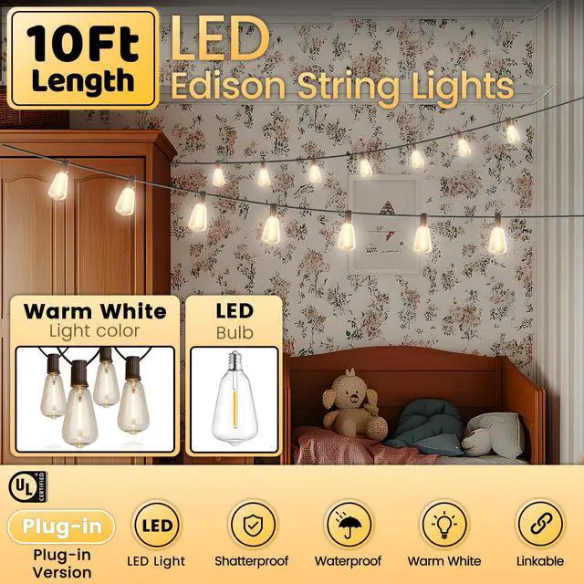 Alt view image 2 of 7 - 10FT Outdoor String Lights Waterproof LED Patio Lights | Shatterproof ST38 Edison Bulbs, Connectable Hanging Outdoor Vintage Lights for Indoor Backyard Yard Gazebo Porch Party Decor