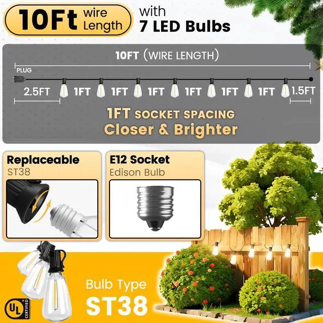 Alt view image 4 of 7 - 10FT Outdoor String Lights Waterproof LED Patio Lights | Shatterproof ST38 Edison Bulbs, Connectable Hanging Outdoor Vintage Lights for Indoor Backyard Yard Gazebo Porch Party Decor