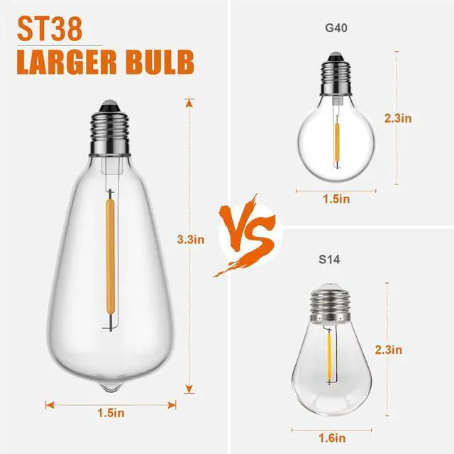 Alt view image 5 of 7 - 10FT Outdoor String Lights Waterproof LED Patio Lights | Shatterproof ST38 Edison Bulbs, Connectable Hanging Outdoor Vintage Lights for Indoor Backyard Yard Gazebo Porch Party Decor