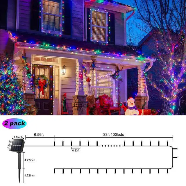 Alt view image 7 of 7 - 2 Pack Solar String Lights for Outside,Each 33Ft 100 LED Solar String Lights Outdoor Waterproof with 8 Modes,Solar Lights Outdoor for Patio, Garden, Tree, Party Decor-Multicolor