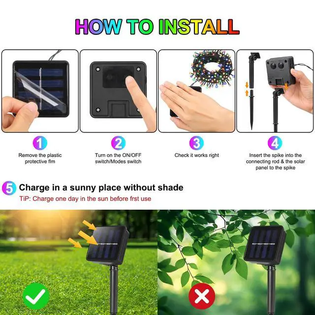 Alt view image 6 of 7 - 2 Pack Solar String Lights for Outside,Each 33Ft 100 LED Solar String Lights Outdoor Waterproof with 8 Modes,Solar Lights Outdoor for Patio, Garden, Tree, Party Decor-Multicolor