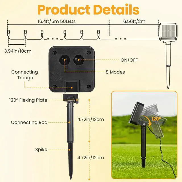 Alt view image 5 of 7 - Solar Christmas Lights Outdoor Waterproof Solar String Lights Outdoor with 8 Lighting Modes for Garden Yard Pathway Fence, 50LED 23FT, Warm White