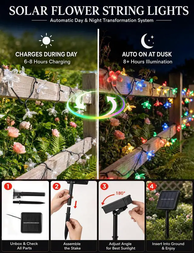 Alt view image 5 of 7 - 60 LED Flower Solar String Lights Outdoor Waterproof Fairy Lights | 26FT 8 Modes Memory Function Outdoor Lights for Garden Fence Patio Yard Christmas Tree Party Decor Multicolor