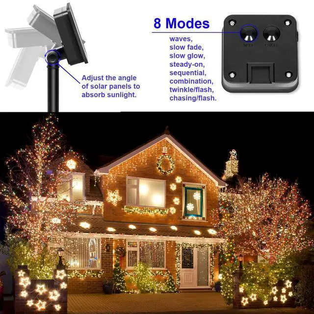 Alt view image 5 of 7 - Solar Fairy String Lights, Warm White, 100Led, Outdoor Waterproof | 2 Pack Total 200Led 66Ft 8 Mode IP67 Copper Wire Lights,Solar Powered Outside Decorations for Christmas, Garden, Patio, Fence